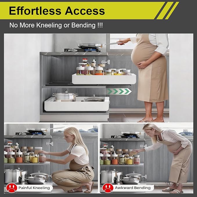 1-Pack Expandable Pull Out Cabinet Organizer 21" Deep with 3 Slide Rails, Adjustable Width (12"-22") Drawer Organizer for Kitchen Pantry Base Cabinets, Fixed with Roll Out Shelves Adhesive, White