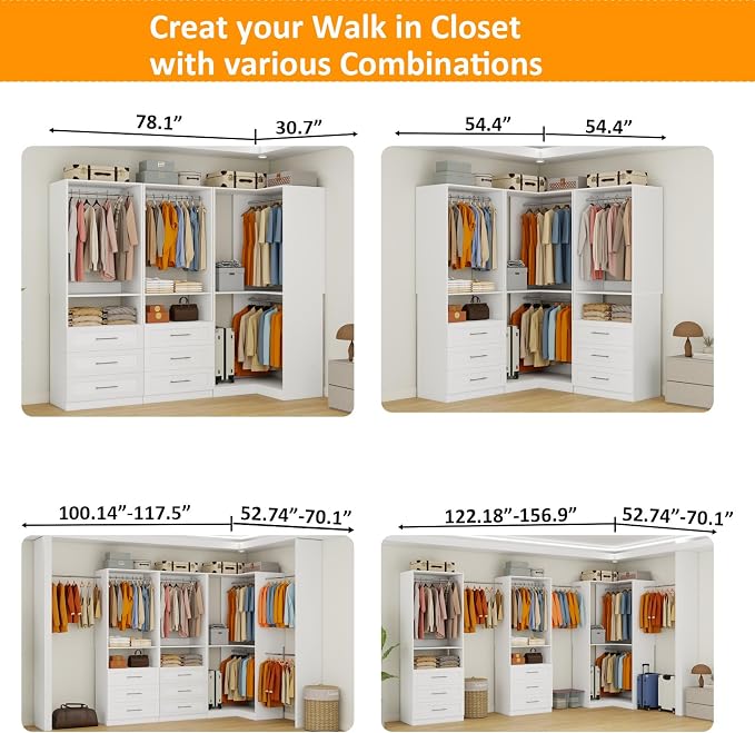 Closet System with 6 Wooden Drawers, 6.5-16FT Corner Closet Organizer System for Walk in Closet, Heavy Duty Modular Closet Systems, Built-in Shelving System with 7 Hanging Rods, 3-Piece Set
