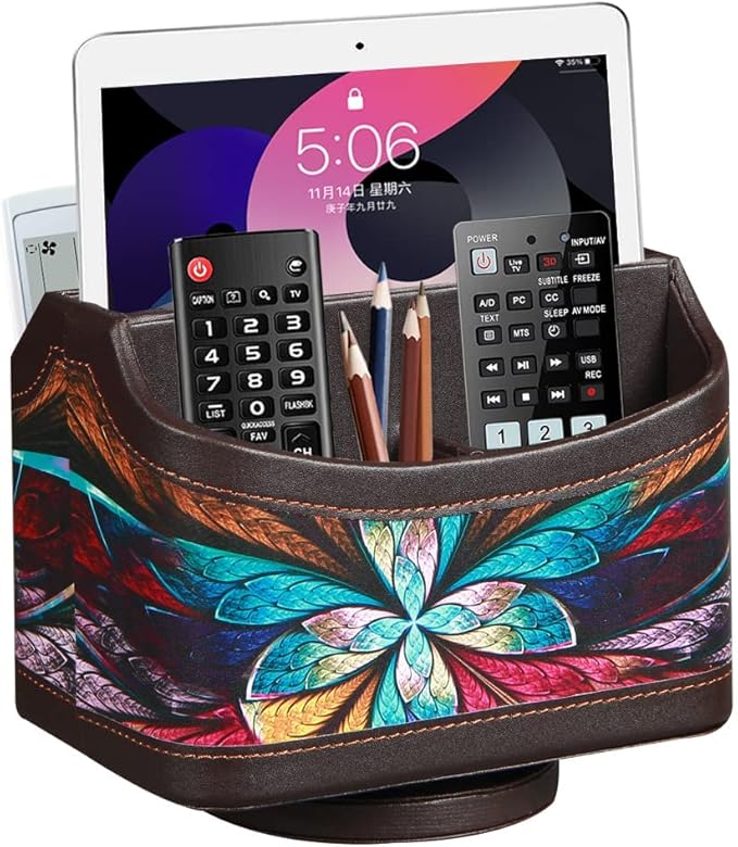 360° Rotating Remote Control Holder, PU Leather TV Remote Caddy, Pen Holder | Nightstand Organizer Storage Box with 5 Compartments for Pencil, Art Supplies, Makeup Brush, Office Desk Table Accessories