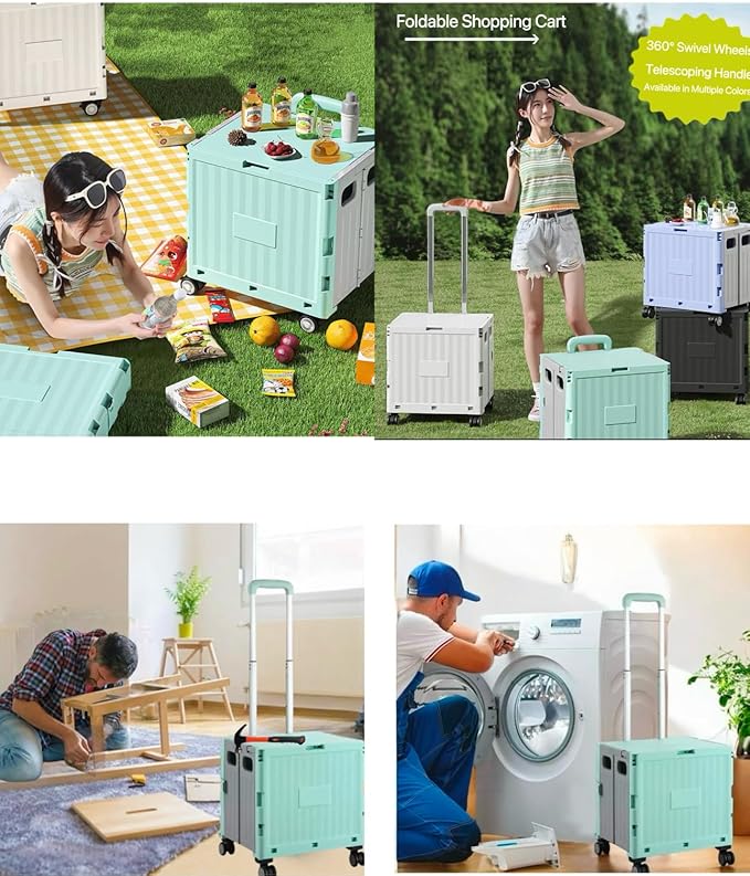 Foldable Rolling Utility Cart with Lid and Telescoping Handle, Collapsible Plastic Storage Crate with 360° Swivel Wheels, Portable Shopping Trolley for Groceries, Travel, Office, and Household Use