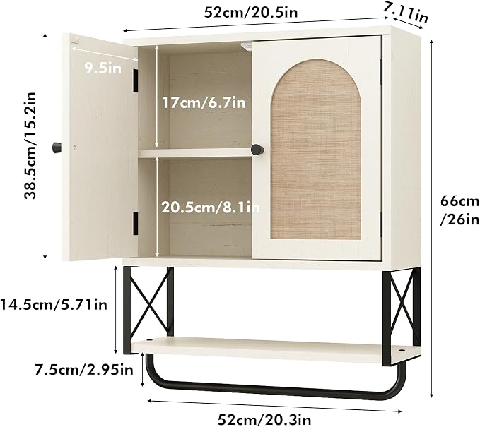 RUSTOWN Rattan Bathroom Wall Cabinet, Boho Over The Toilet Storage Cabinet | Arched Rattan Doors, Modern Medicine Cabinet, Adjustable Shelves, Towel Bar, Vintage White