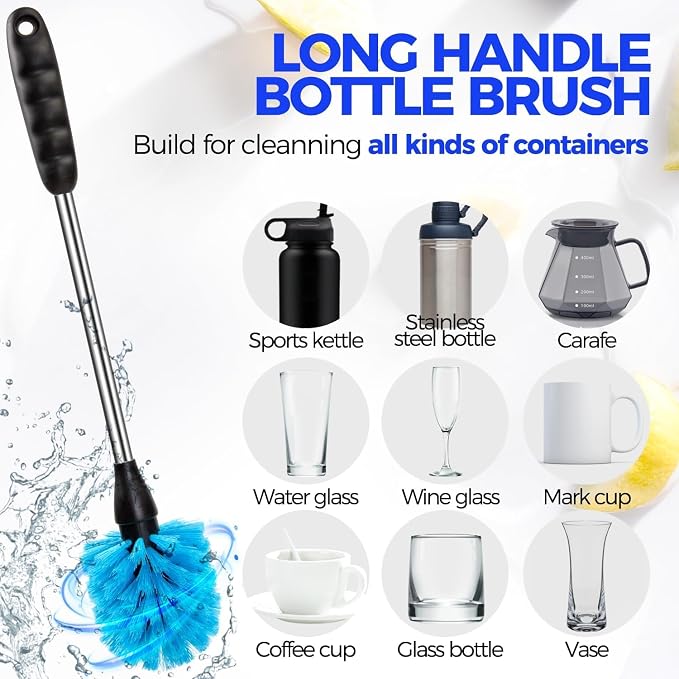 Holikme 5 Pack Bottle Brush 14" Stainless Steel Straw Cleaner Brush,Blue | 14" Long Handle Stainless Steel Bottle Cleaner Brush, 3 Straw Brushes, Bottle Cleaning Brush for Water Bottle Cups Baby
