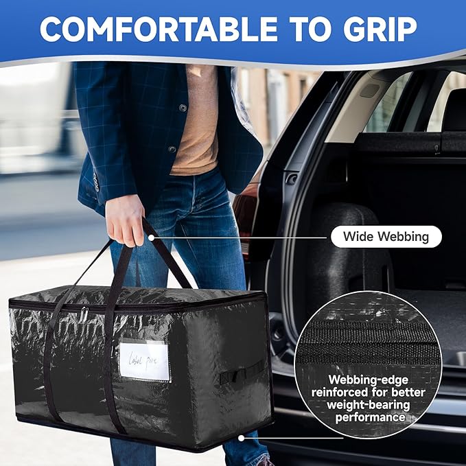 CONGREGATE 8-Pack Heavy Duty Black Moving Bags with Zippers and Handles, Heavy Duty Storage Handbags for Space Saving, Made of PE, 97 Liters/25.6 Gallons (28.7 Inch x 13.7 Inch x 15 Inch)