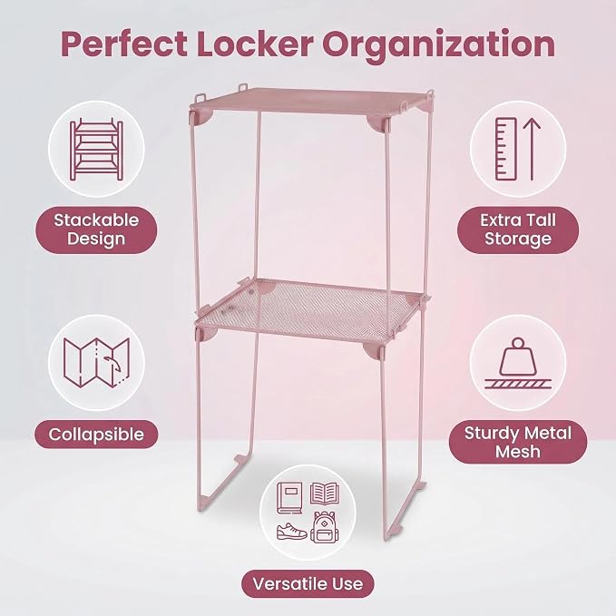 Neudeoc Locker Organizer Kit with Mesh Locker Shelf and Magnetic Pen Holders, 4-Piece Locker Accessories Set for School, Work & Gym, Foldable Stackable Metal Shelf, Fits Standard Lockers, Pink