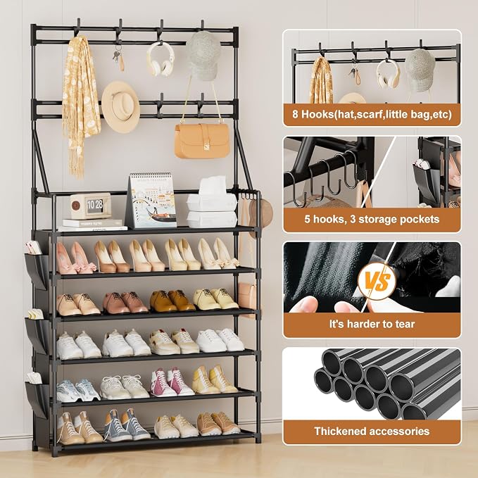OYREL Shoe Rack 6 Tier Shoes Organizer 24-30 Pairs | Shoe Racks for Closet Front Door Entrance Large Capacity Space Saving Shoe Storage Organizer with Hooks and Side Pocket