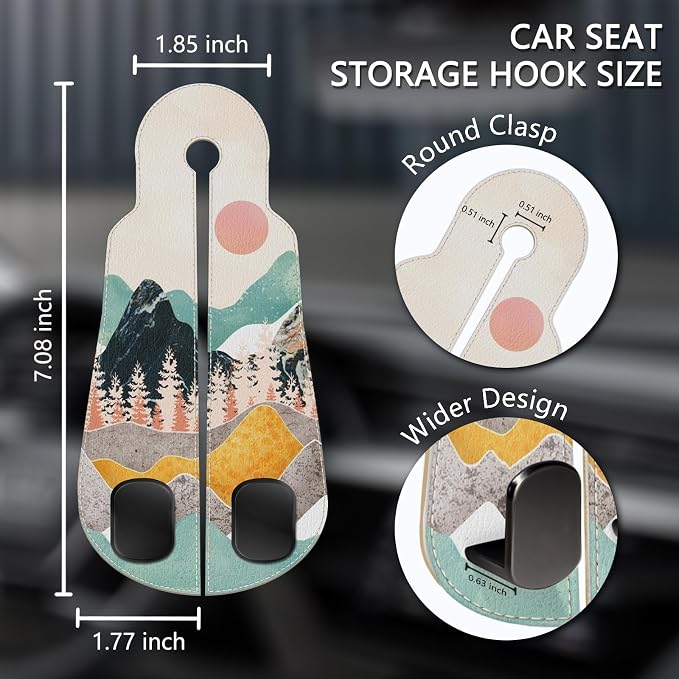 Blusabaca 2PCS Car Seat Headrest Hooks, Purses Bags Holder, Sunrise | PU Leather, Double Metal Back Storage Hangers for Grocery Bags Handbags Bottles Coats Phones, Car Accessories Organization