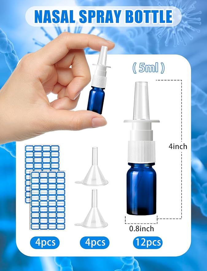 20 Pcs Nasal Spray Bottle, 5ML/0.17OZ 12 Pcs Blue Glass Refillable Nasal Spray Bottles Empty with 4 Funnels and 4 Labels