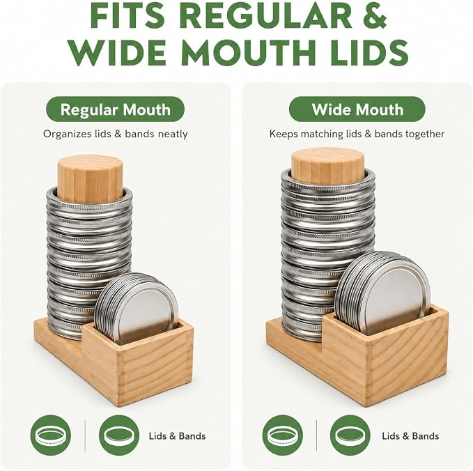 Mason Jar Lid Organizer, 2 Pack Wood Holder for Regular & Wide Mouth | Solid Pine Wood, 2-Pack Set, Regular & Wide Mouth, Holds 26 Rings & 44 Lids, Space-Saving Storage