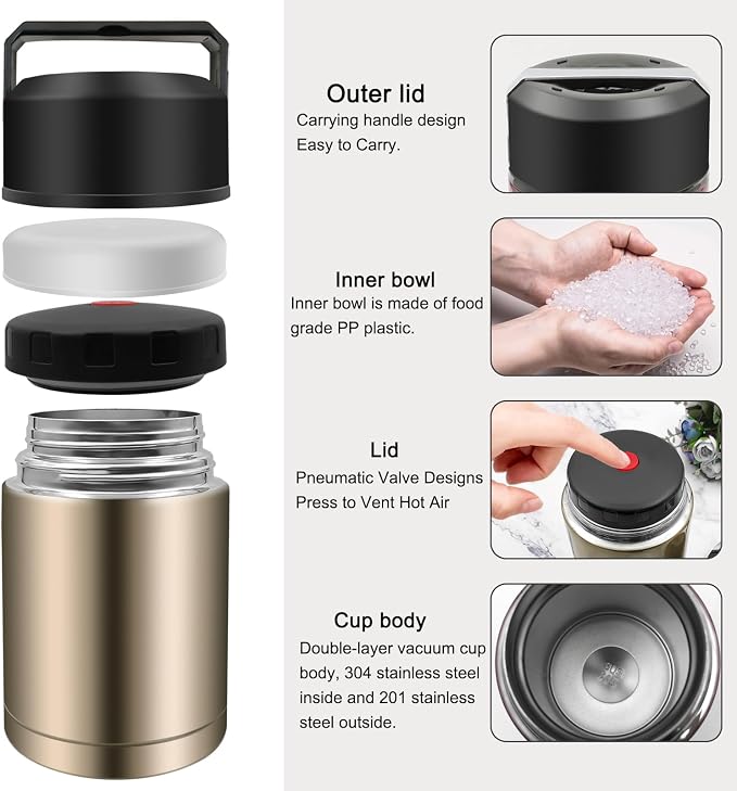 35oz Soup Thermos, Stainless Steel Thermos for Hot Food, Wide Mouth Food Thermos Jar, Insulated Lunch Container Leak Proof Vacuum Thermal Flask(gold)
