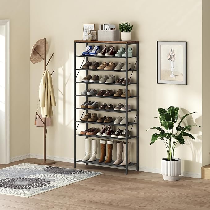 MAHANCRIS 10 Tier Shoe Rack Organizer for Closet, Holds 36-40 Pairs, Tall Metal Shoe Storage Shelf for Dorm, Entryway, Sturdy Freestanding Shoe Rack Space Saving, Large Capacity, Rustic Brown