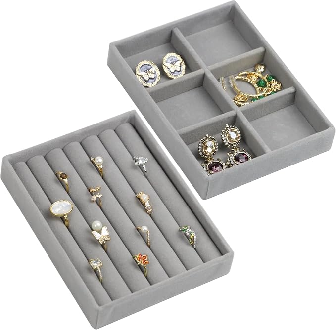 Fordonral Velvet Jewelry Organizer Box, Jewelry Drawer Organizers Trays, Earring Ring Necklace Holder Display Case (Gray, Ring+6 Grid Trays)