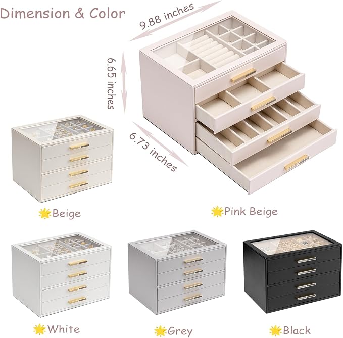 VLANDO 4-Drawer Jewelry Box with Glass Lid, Faux Leather Organizer for Rings Earrings Necklaces and More, Gift-Ready Jewelry Case for Women Girls or Moms, Pink Beige