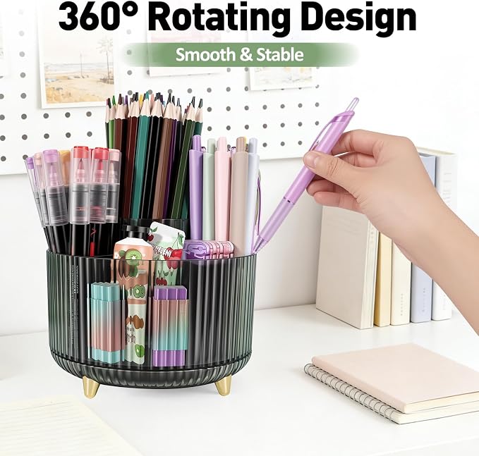 360 Rotating Pen Pencil Holder for Desk, Pen Organizer with 5 Slots, Makeup Brush Holder, Desk Organizer and Accessories, Cute Pencil Cup Caddy for Office School Home Decor Art Supply (Green)
