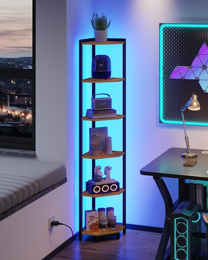 Hzuaneri Corner Shelf with LED Light 6 Tier Corner Bookshelf Standing Shelf | Tall Narrow Display Bookcase with Metal Frame for Small Space, Living Room, Home Office, Bedroom, Rustic Brown CS66601B