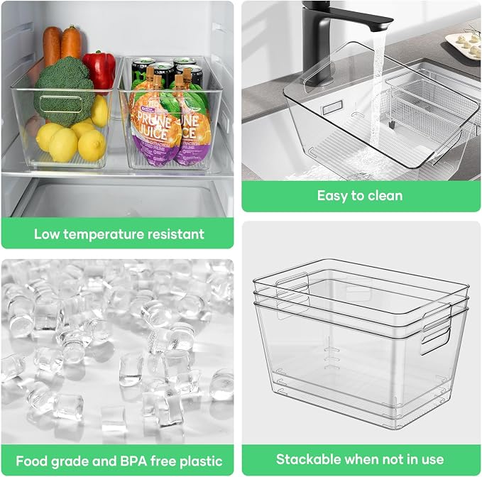 4 Pack Clear Plastic Storage Bins, 11" Large Pantry Organizer Bins with Handles, Plastic Containers for Refrigerator,BPA-Free Perfect for Kitchen,Fridge,Cabinet,Pantry,Bathroom,Closet Organization