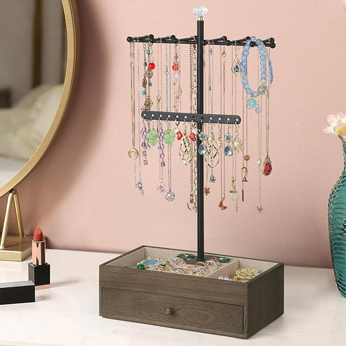 Meangood Jewelry Organizer Stand, 3-Tier Necklace Holder Jewelry Tree with Wooden Storage Drawer Box for Necklace Bracelet Earring Ring, Walnut
