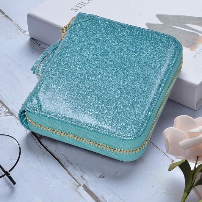 Easyoulife Womens Credit Card Holder Wallet Zip Leather Card Case RFID Blocking (Glitter Teal)