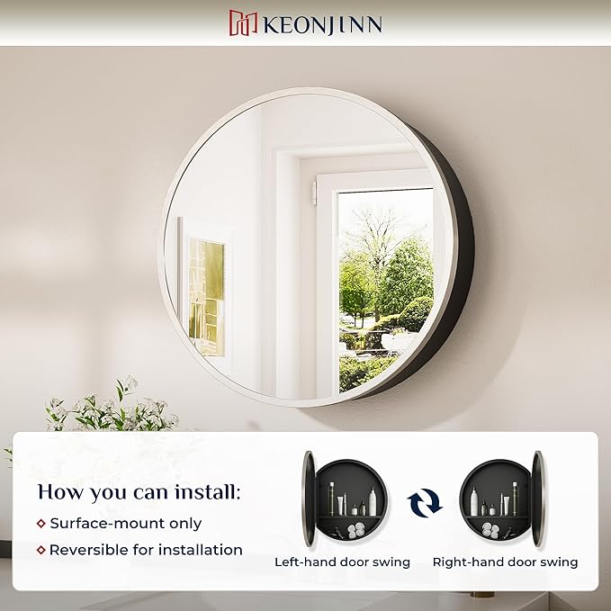 Keonjinn Round Brushed Nickel Medicine Cabinet Mirror for Bathroom, 26 Inch Surface Mount Medicine Cabinet with Mirror, Circular Framed Mirrored Medicine Cabinets, Modern Cabinet with Vanity Mirror