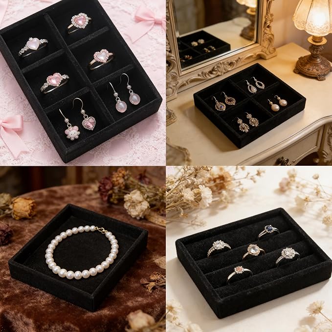 Small Jewelry Tray Set 4 Pcs Black Velvet Stackable Jewelry Organizer Tray Mini Jewelry Drawer Organizer for Necklace Ring Earrings Jewelry (4 Styles)
