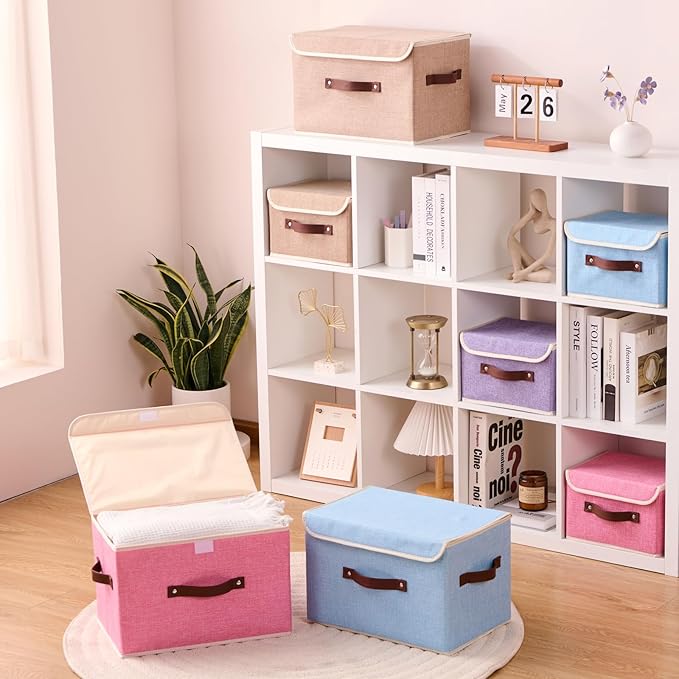 2PCS Storage Boxes with Lid Cotton Linen Fabric Storage Bins Organizer Container Decorative Collapsible Washable Shelf Closet Baskets Faux Leather Handles Home Bedroom (Purple, Small)