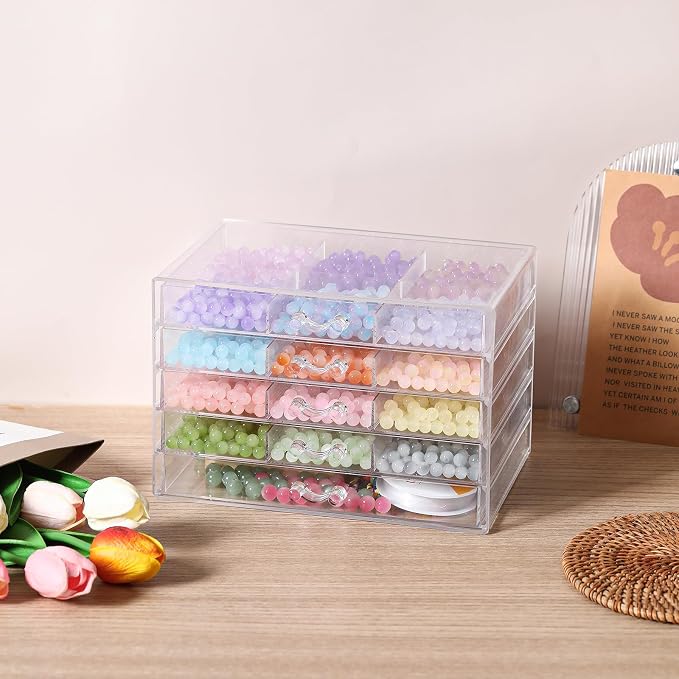 CLUQMEIK 5-Tier Large Bead Organizer Box, Acrylic Jewelry Storage Bead Containers with 5 Drawers, Suitable for Bracelet Making DIY Storing Beads Jewelry Rock Buttons.