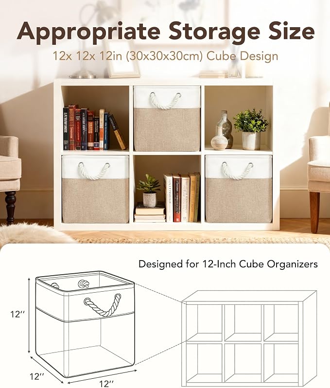 12x12 Inch Fabric Cube Storage Bins with Cotton Rope Handle 6-Pack | Top Support of Metal Frame, Bottom with Cardboard Support, Foldable Storage Bins for Closet, Bedroom, White Khaki
