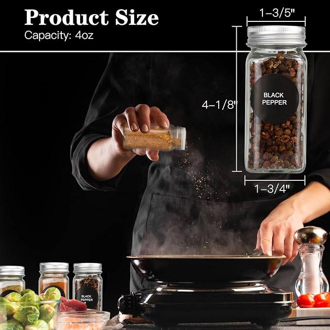 DkOvn 24pcs Glass Spice Jars, 4oz Empty Spice Jars with Metal Caps, Labels, Shaker Lids, Collapsible Funnel, Chalk Pen, Seasoning Organizer for Spice Rack | with Metal Caps, Labels, Shaker Lids, Collapsible Funnel, Chalk Pen, Seasoning Organizer for Sp...