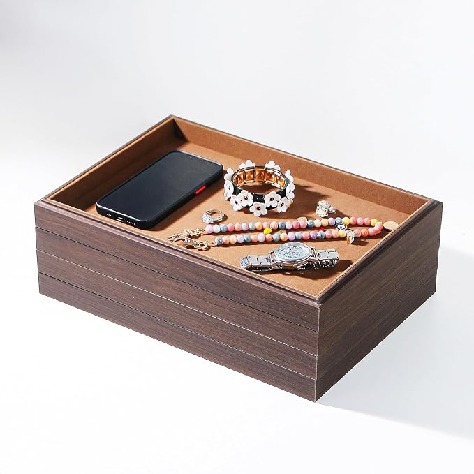 Wood Jewelry Organizer Tray, Drawer Tray (Brown, 2Pc, Flat) | Stackable Jewelry Display, Large Capacity Drawer Tray, Versatile Drawer Organizer, Multi-Purpose Storage