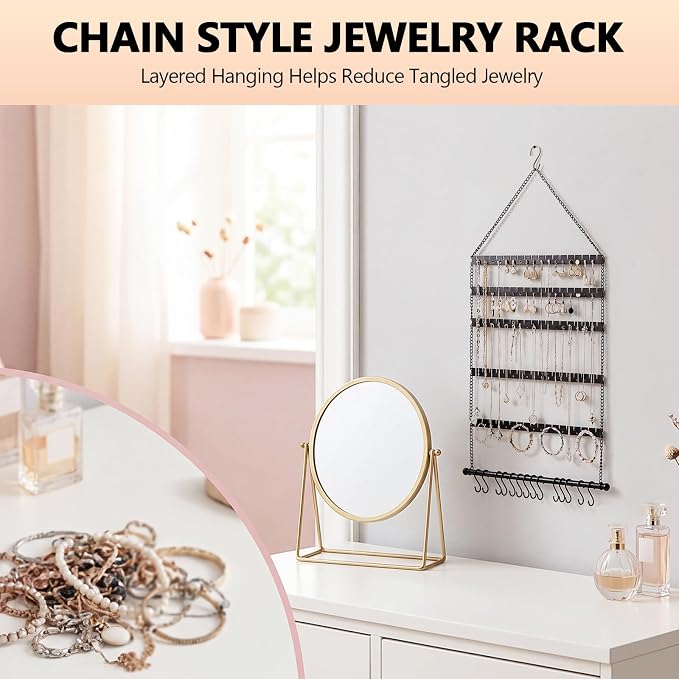 Hanging Jewelry Organizer, 5 Tier Wall Mounted Hanging Earring Holder with 10 Necklace Hooks, Adjustable Earring Display Storage with Holes and Grooves for Earrings, Necklaces, Bracelets and Rings