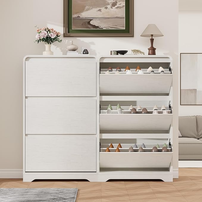 Garvee Hidden Shoe Cabinet, White | 3 Flip Drawers, Freestanding, For Entryway, Hallway, Foyer, Modern Design, Small Space