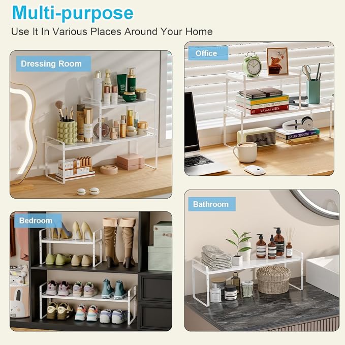 15.5 to 25.5 Inch Kitchen Cabinet Shelf Organizers, Adjustable Kitchen Counter Shelf Organizer, Set of 4 Expandable Countertop Storage Shelves, Stackable Design, 30LBS Heavy Duty, Space Saver