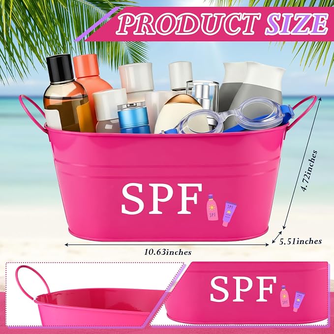 Blulu SPF Storage Bucket Metal Poolside Basket Above Ground Pool Bin Summer Basket Outdoor Storage for Sunscreen Goggles Flip Flop Spf Swimming Camping Beach Accessories Decor(Pink)