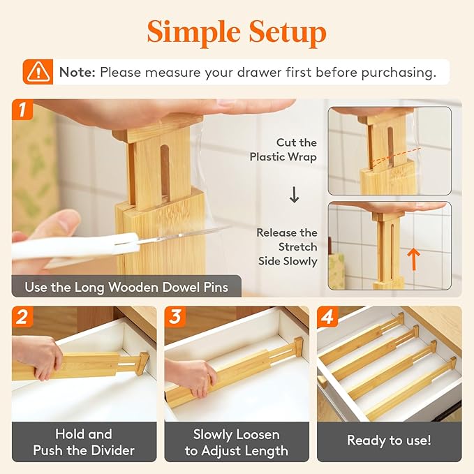 Lifewit 2.4" High 8 Pack Bamboo Drawer Dividers 33-42cm/13-16.5" Adjustable Wooden Drawer Organizer for Clothes/Utensils, Expandable Drawer Separator for Dresser/Kitchen/Bedroom/Office Organization