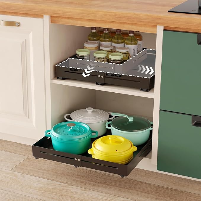 Pull out Cabinet Organizer, Full Metal Expandable Width (12.6"-20.8") & Depth (16"-24.4") Adjustable Slide out Drawers, No Drill Adhesive Roll out Shelves for Kitchen Pantry, Black