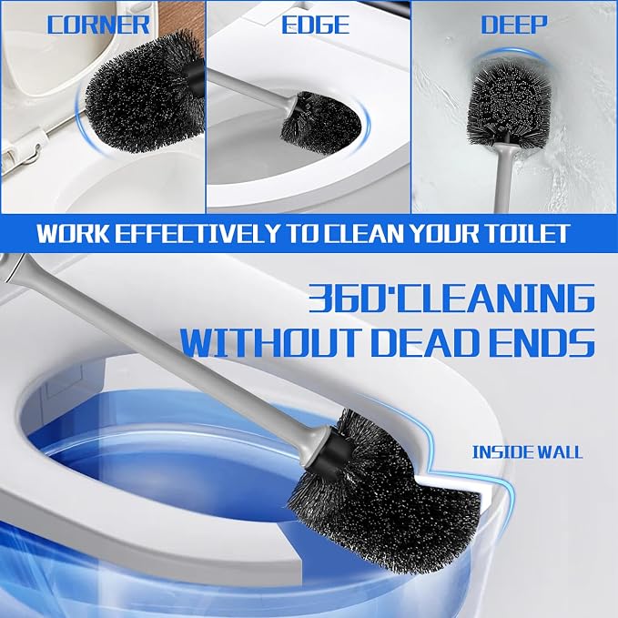 Toilet Brush and Holder 2 Pack with Long Handle - Non-Slip Grip Toilet Bowl Brush Set for Deep Cleaning Bathroom, Toilet Scrubber- Gray