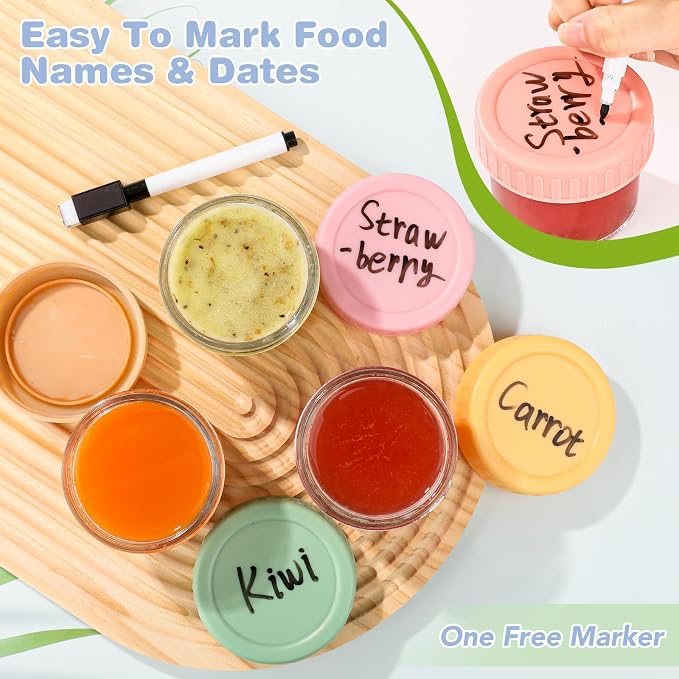 RowinsyDD 8 Pack Glass Baby Food Storage Containers, 2 oz Leakproof Baby Food Jars with Lids, Small Glass Food Containers for Infant Baby, Freezer Safe