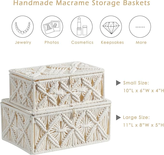 2PCS Decorative Boho Storage Baskets with Lid Bohemian Macrame Jewelry Box Handmade Natural Cotton Rope Woven Bins Memory Keepsake Makeup Organizer Container (Off White, 1 Large 1 Small)