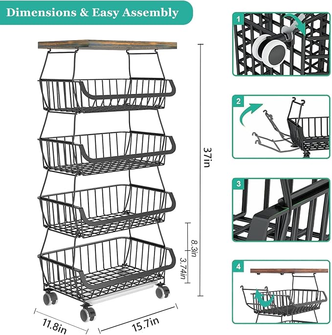 CHLORYARD Fruit Basket with Wooden Lid for Kitchen, 5-Tier Stackable Wire Fruit Vegetable Storage Basket Organizer Stand on Wheel, Produce Basket Potato Onion Storage Bins Rack Cart for Pantry