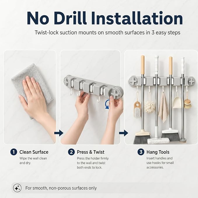 Mop and Broom Holder Wall Mount, No Drill Suction Cup Broom Organizer with 4 Slots & 5 Hooks, Removable Cleaning Tool Holder for Bathroom, Laundry Room, RV Camper