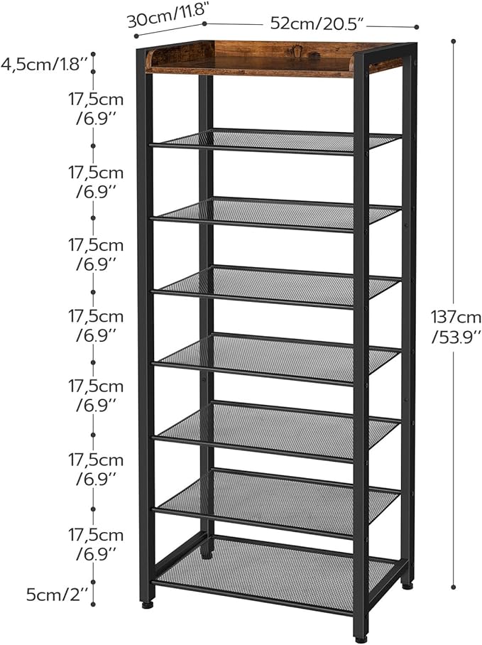 HOOBRO 8 Tier Shoe Rack, Large Capacity Shoe Storage for 14-16 Pairs, Sturdy Metal Shoe Shelf for Closet Entryway, Space Saving Shoe Organizer for Sneakers Heels, Rustic Brown BF48XJ01