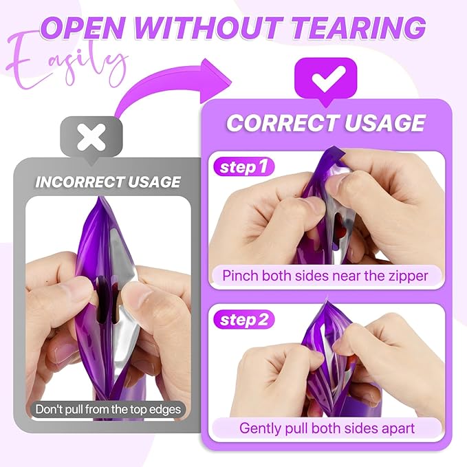 100 PCS Resealable Mylar Bags with Frosted Clear Window Packaging Bags Foil Pouch Zipper Bag for Food Self Sealing Storage Supplies (5.51x7.87, Purple)