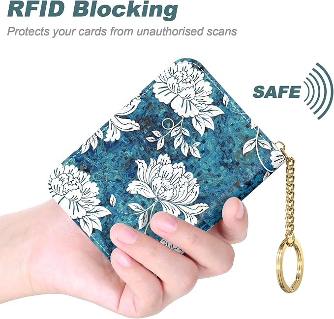 Nipichsha Credit Card Holder, Small RFID Card Wallet for Women, Slim Leather Card Holder Wallet, Credit Card Wallet Organizer, Pocket Business Card Case with Zipper & Keychain, White Flowers