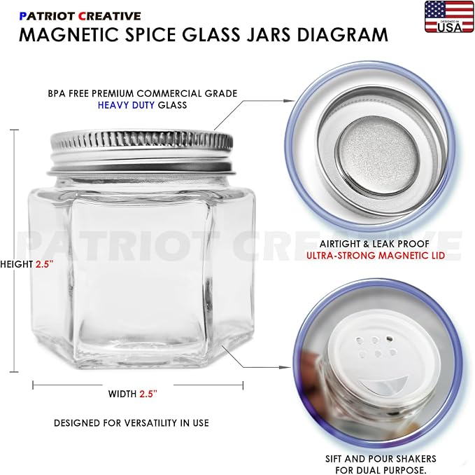 Patriot Set of 21 Large 4oz Magnetic Spice Jars for Refrigerator, Hexagon Glass Magnetic Spice Jars with Shaker Lids and Labels for Kitchen RV Travel Trailer, Magnetic Spice Containers for Fridge