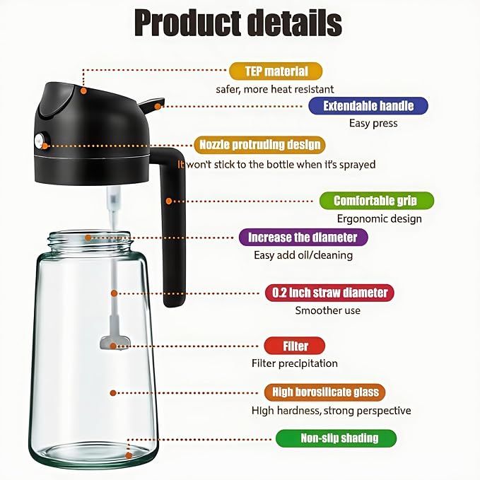 Oil Sprayer for Cooking 2 in 1, Olive Oil Dispenser for Kitchen Gadgets, 16oz/470ml Premium Light-Blocking Oil Bottle, Food-Grade Spray Bottle, for Salad, Air Fryer, BBQ