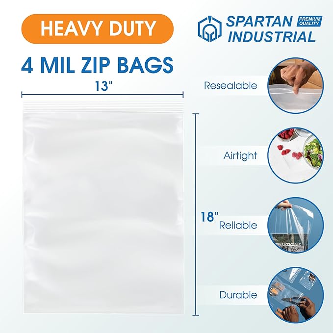 Spartan Industrial - 13” X 18” (100 Count) 4 Mil Thick Clear Reclosable Zip Plastic Poly Bags with Resealable Lock Seal Zipper - Heavy Duty and Durable