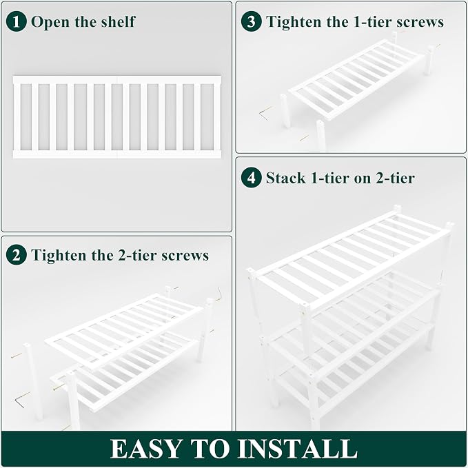Smiry Bamboo Shoe Rack, 3 Tier Free Standing Wooden Shoe Organizer, Stackable Wood Shoe Storage Shelf for Closet, Entryway, 14 Vertical Slats, 2+1 Stack Heavy-Duty Legs, 26.8"x11"x19.5", White
