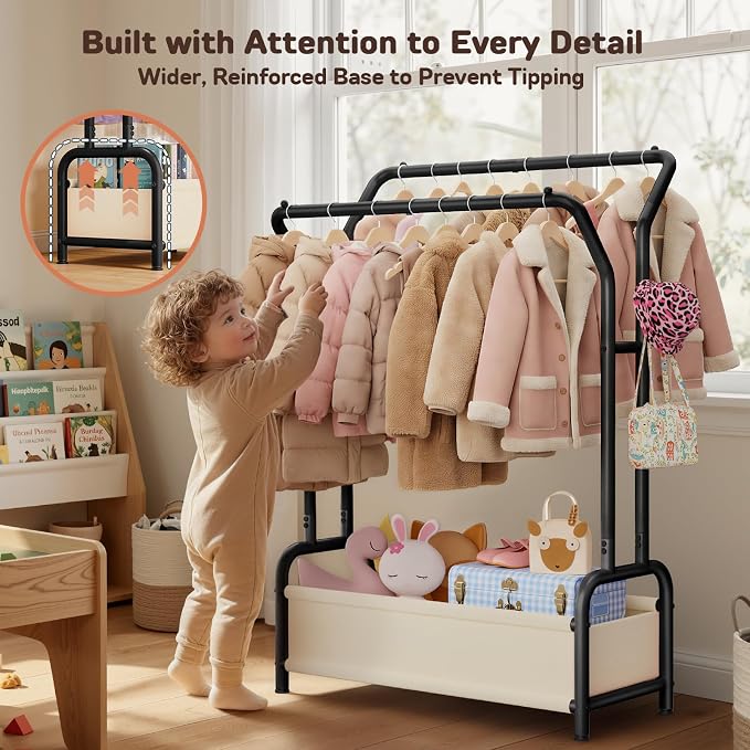 Small Kids Clothing Rack for Kids Room: Double Hanging Rods & Storage Basket - Height Adjustable Dress Up Storage - Anti-Tip Boys Baby Clothing Rack Open Nursery Baby Closet for Costumes, Shoes, Toys