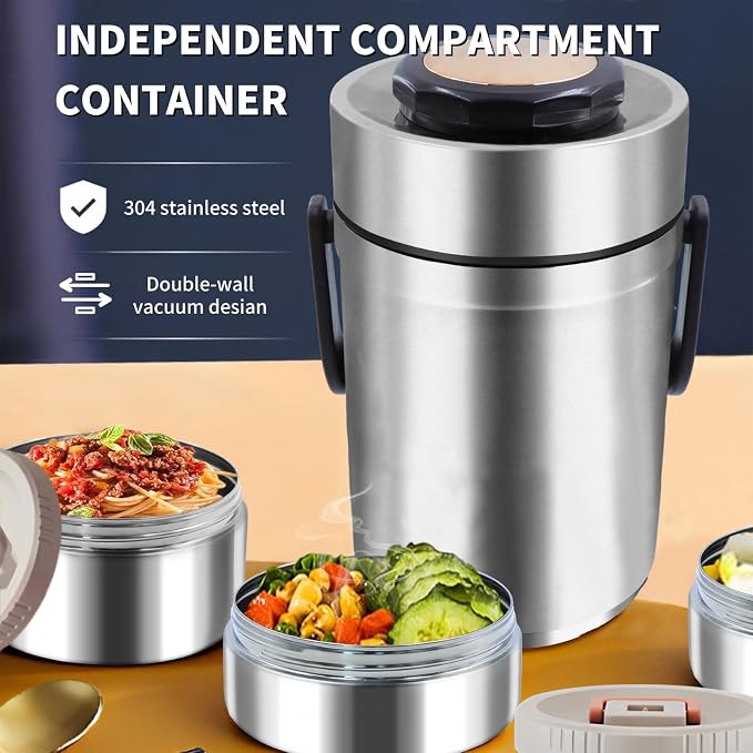 67oz Upgraded Thermos for Hot Food, 3-Layer Stackable Food Thermos, Soup Thermos Jar with Insulated Bag, Ideal for Office, Outdoor Meals, and Various Occasions (67 oz Silver)