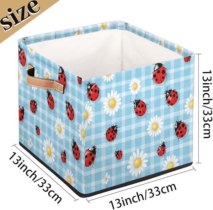 TropicalLife Floral Daisy Ladybugs Storage Cube, 13 Inch Fabric Cube Storage Organizer Bin for Shelves Clothes, Decorative Foldable Storage Boxes