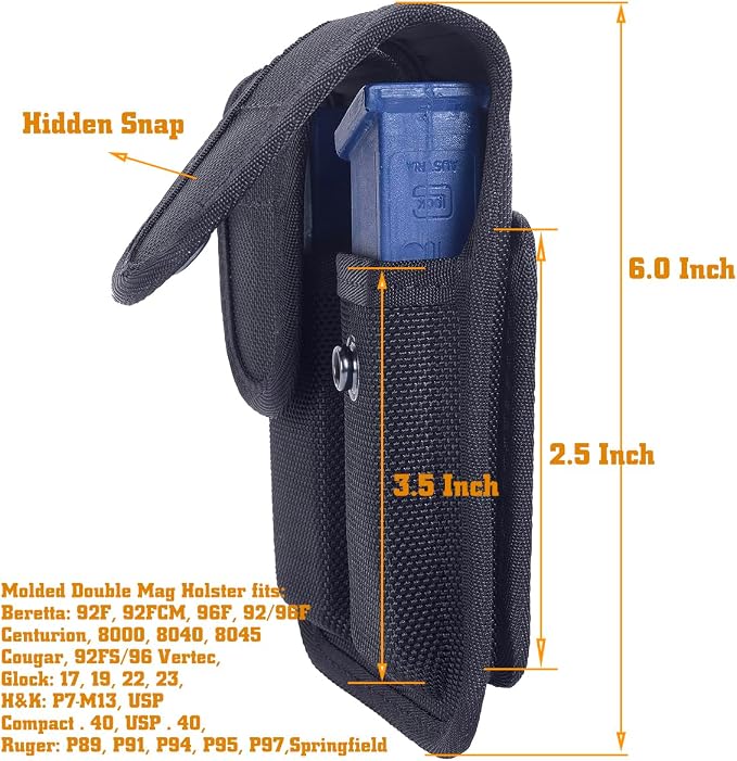 Molded Double Mag Pouch，Tactical Universal Magazine Holder Fits virtually Any 9mm, 40 or .45 Caliber Pistol Mag Single or Double Stack IWB or OWB Mag Pouch